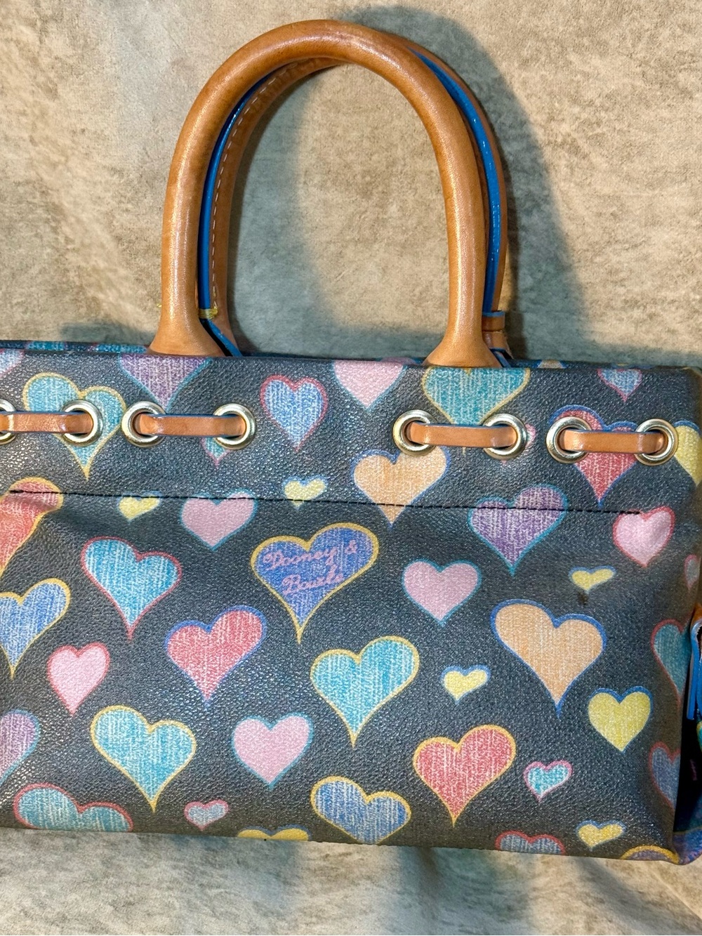 Dooney & Bourke Multicolor Heart Print Small/Mini Satchel with Leather Trim - Picture 3 of 11